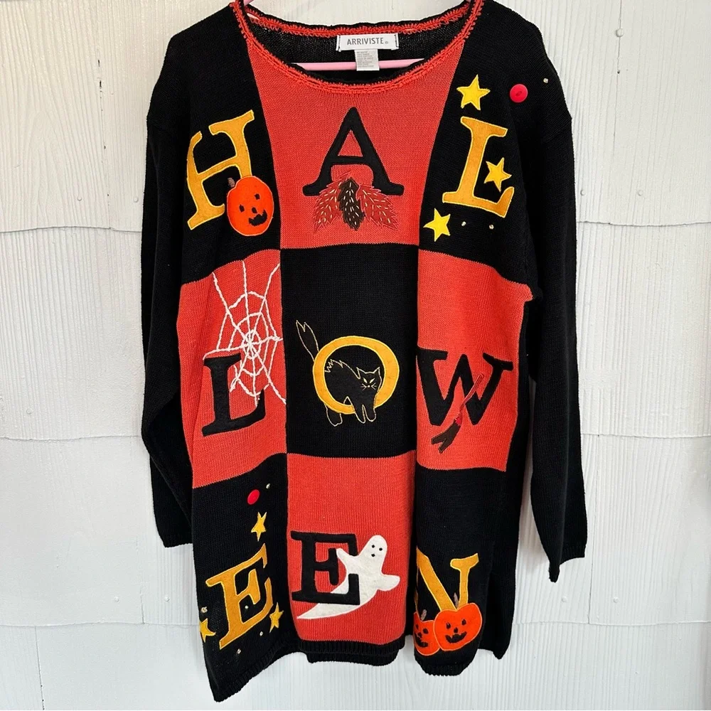 Vintage Arriviste Cotton Ramie Halloween Sweater Black Orange Decorative Large - Picture 1 of 3